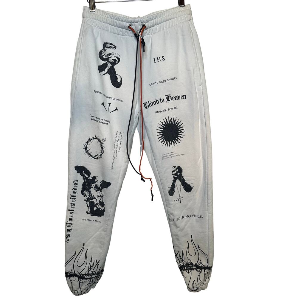 IHS Manifesto Graphic White Track Pants size S Joggers Cotton Sweatpants